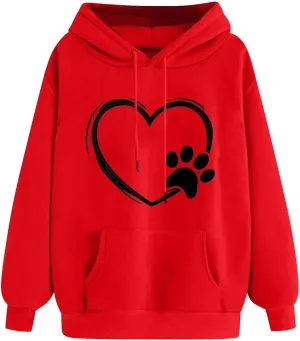 Paw Heart Hoodie Women Casual Graphic Sweatshirt Drawstring Pocket Relaxed Long Sleeve Comfy Streetwear