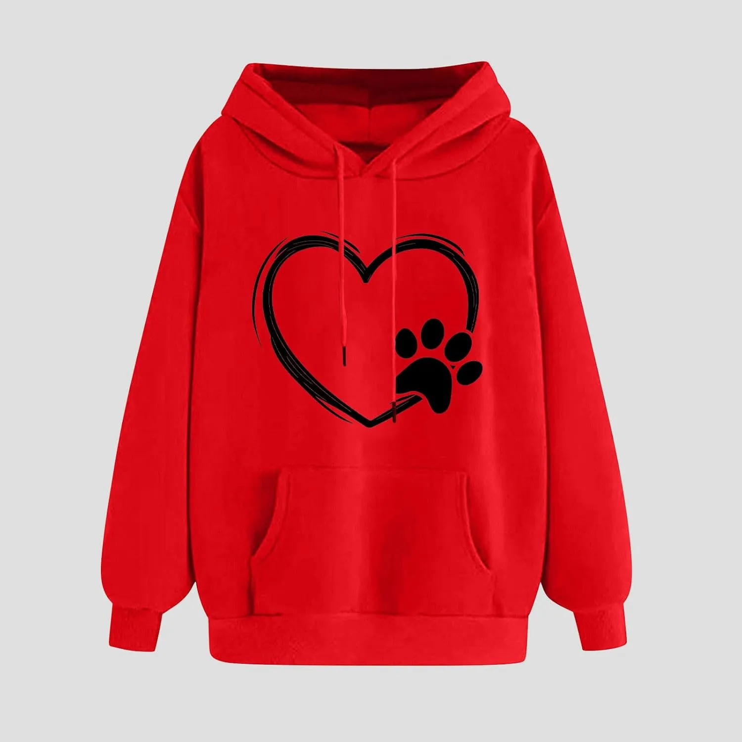 Paw Heart Hoodie Women Casual Graphic Sweatshirt Drawstring Pocket Relaxed Long Sleeve Comfy Streetwear