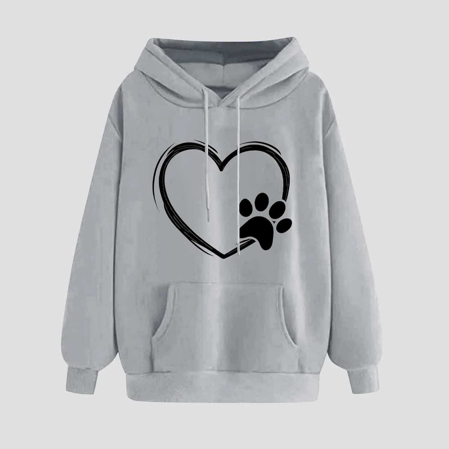 Paw Heart Hoodie Women Casual Graphic Sweatshirt Drawstring Pocket Relaxed Long Sleeve Comfy Streetwear
