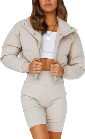 PEHMEA Women's Winter Long Sleeve Zip Puffer Jacket Baggy Short Down Coats(Apricot-S)