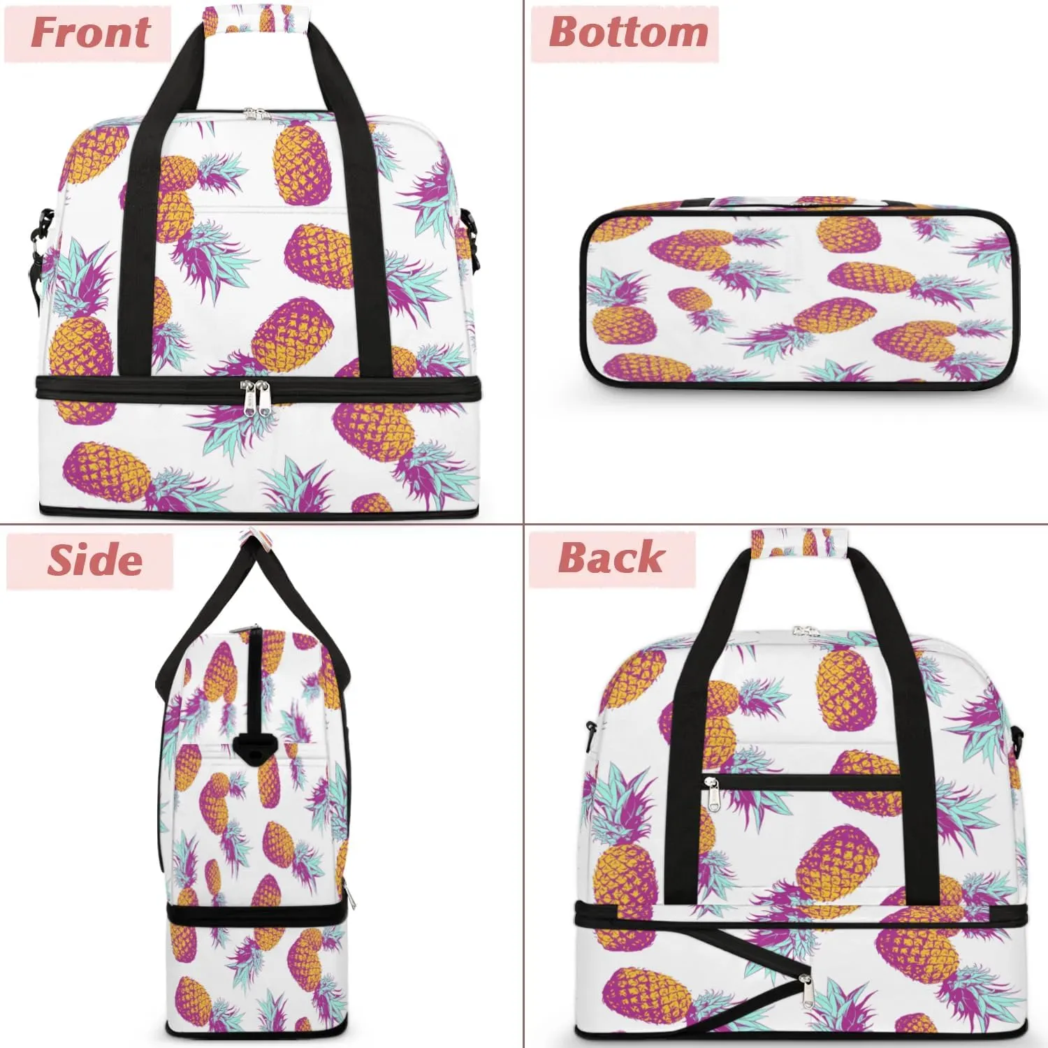 Pineapples Print Sports Gym Bag with Shoes Compartment Foldable Travel Duffel Bag Dry Wet Separated Sports Tote Workout Weekender Overnight Bag for Women Yoga Dance Work Training Handbag