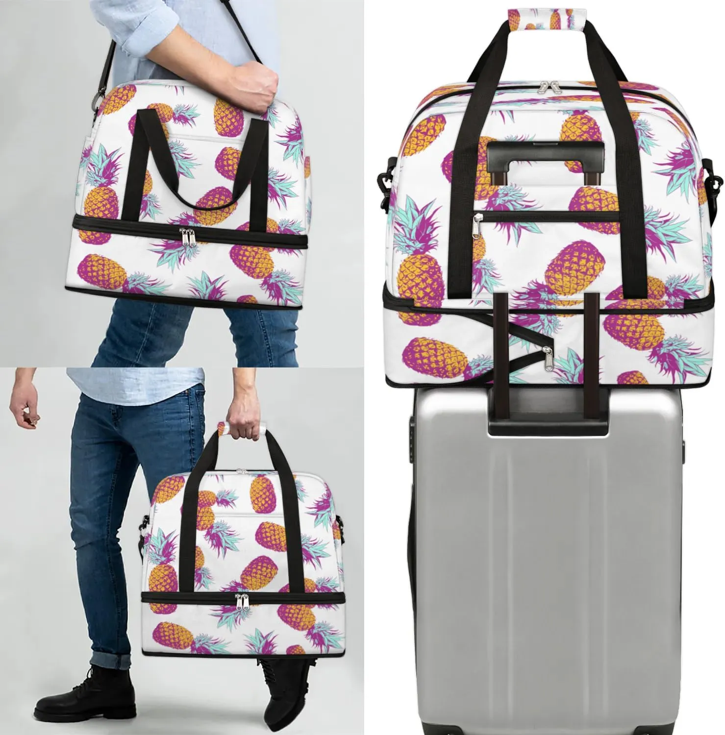 Pineapples Print Sports Gym Bag with Shoes Compartment Foldable Travel Duffel Bag Dry Wet Separated Sports Tote Workout Weekender Overnight Bag for Women Yoga Dance Work Training Handbag