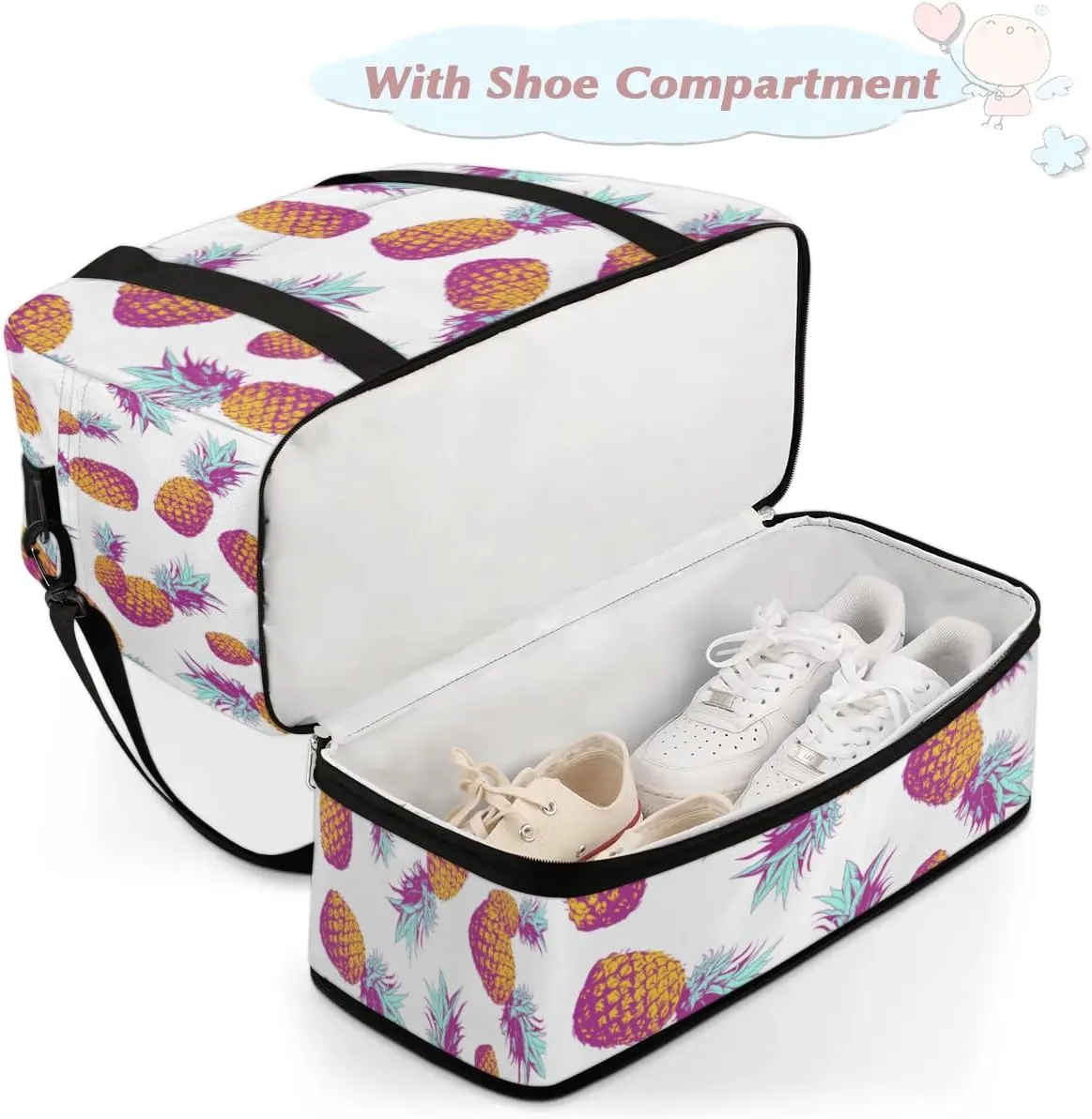 Pineapples Print Sports Gym Bag with Shoes Compartment Foldable Travel Duffel Bag Dry Wet Separated Sports Tote Workout Weekender Overnight Bag for Women Yoga Dance Work Training Handbag