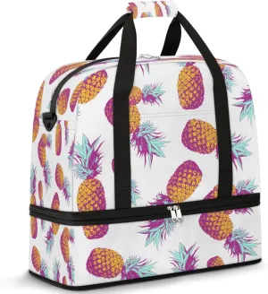 Pineapples Print Sports Gym Bag with Shoes Compartment Foldable Travel Duffel Bag Dry Wet Separated Sports Tote Workout Weekender Overnight Bag for Women Yoga Dance Work Training Handbag