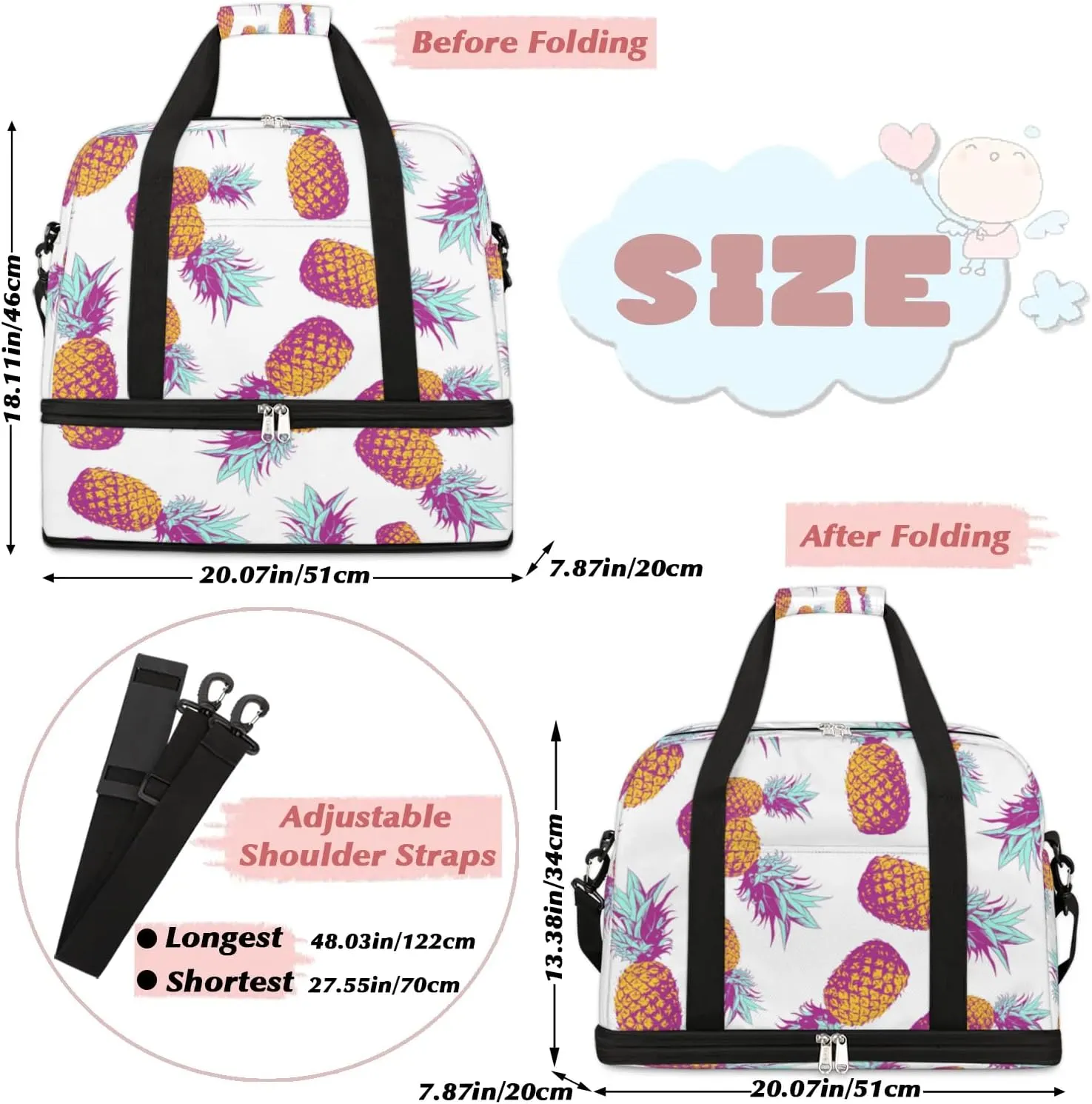 Pineapples Print Sports Gym Bag with Shoes Compartment Foldable Travel Duffel Bag Dry Wet Separated Sports Tote Workout Weekender Overnight Bag for Women Yoga Dance Work Training Handbag