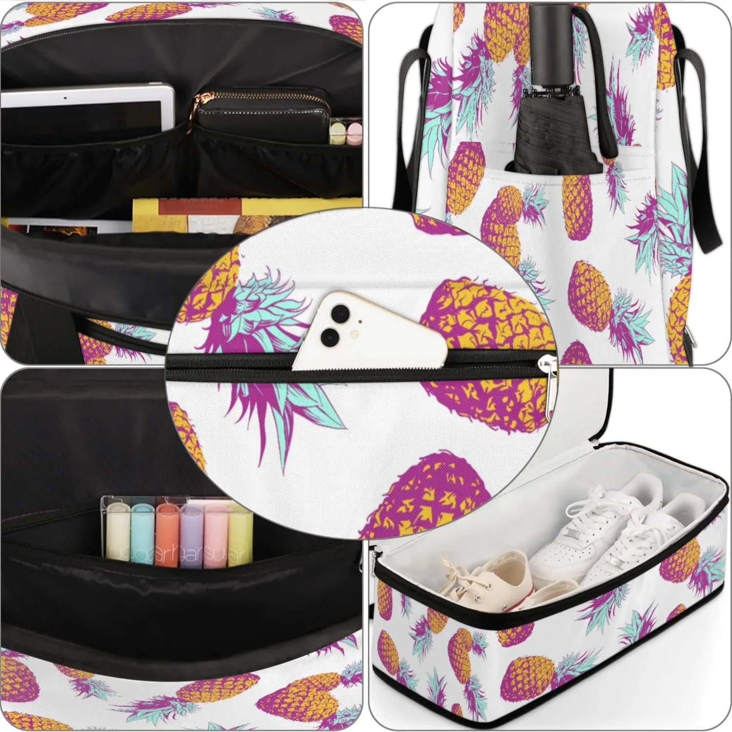 Pineapples Print Sports Gym Bag with Shoes Compartment Foldable Travel Duffel Bag Dry Wet Separated Sports Tote Workout Weekender Overnight Bag for Women Yoga Dance Work Training Handbag
