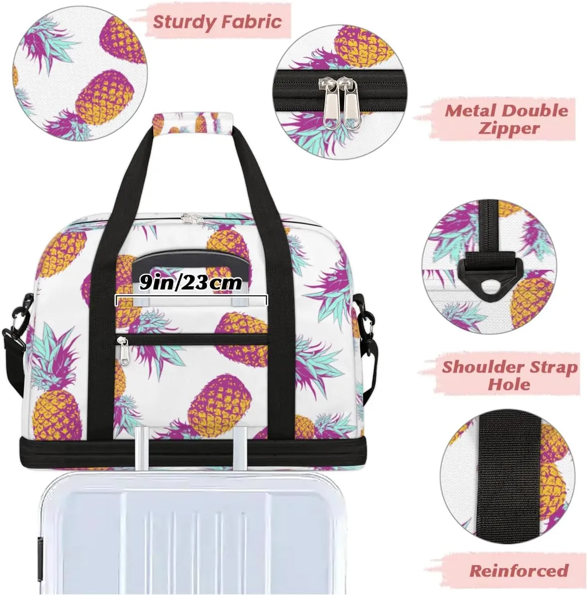 Pineapples Print Sports Gym Bag with Shoes Compartment Foldable Travel Duffel Bag Dry Wet Separated Sports Tote Workout Weekender Overnight Bag for Women Yoga Dance Work Training Handbag