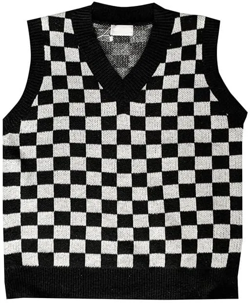 Plaid Graphic Grandpa Sweater Vest for Men Preppy Clothing Y2k Grunge Outfit Trendy Acubi V Neck Tops Gothic Knitwear
