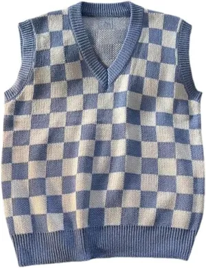 Plaid Graphic Grandpa Sweater Vest for Men Preppy Clothing Y2k Grunge Outfit Trendy Acubi V Neck Tops Gothic Knitwear