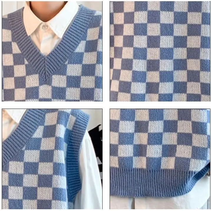 Plaid Graphic Grandpa Sweater Vest for Men Preppy Clothing Y2k Grunge Outfit Trendy Acubi V Neck Tops Gothic Knitwear
