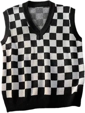 Plaid Graphic Grandpa Sweater Vest for Men Preppy Clothing Y2k Grunge Outfit Trendy Acubi V Neck Tops Gothic Knitwear