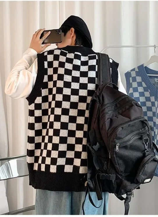 Plaid Graphic Grandpa Sweater Vest for Men Preppy Clothing Y2k Grunge Outfit Trendy Acubi V Neck Tops Gothic Knitwear