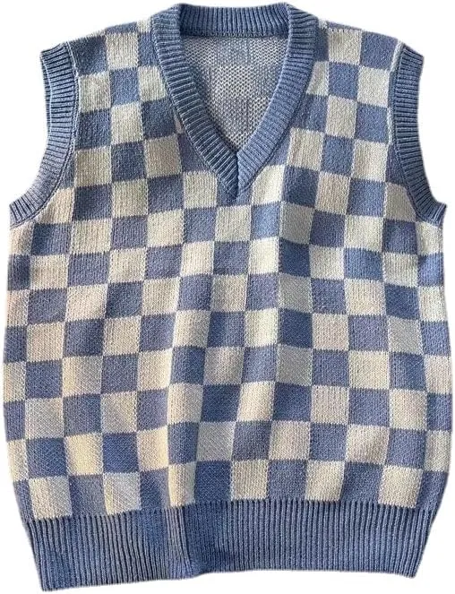 Plaid Graphic Grandpa Sweater Vest for Men Preppy Clothing Y2k Grunge Outfit Trendy Acubi V Neck Tops Gothic Knitwear