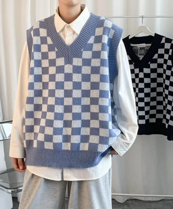 Plaid Graphic Grandpa Sweater Vest for Men Preppy Clothing Y2k Grunge Outfit Trendy Acubi V Neck Tops Gothic Knitwear