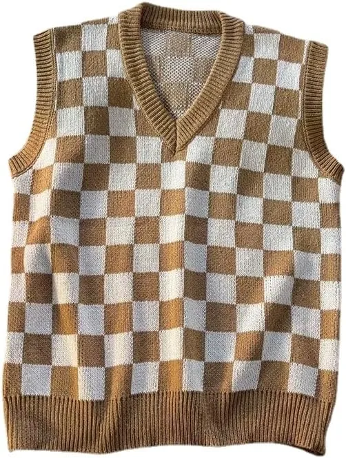 Plaid Graphic Grandpa Sweater Vest for Men Preppy Clothing Y2k Grunge Outfit Trendy Acubi V Neck Tops Gothic Knitwear