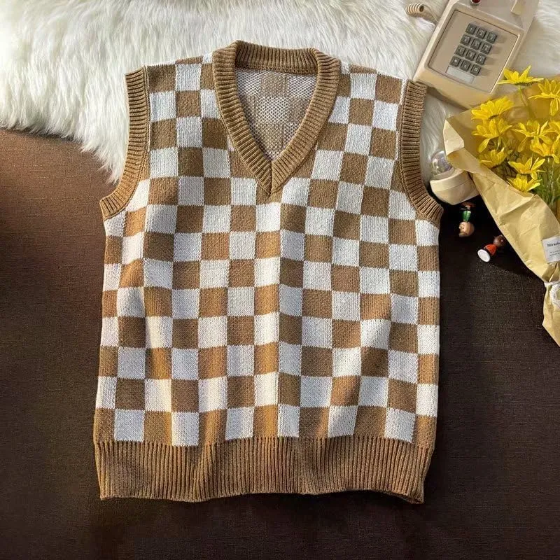 Plaid Graphic Grandpa Sweater Vest for Men Preppy Clothing Y2k Grunge Outfit Trendy Acubi V Neck Tops Gothic Knitwear