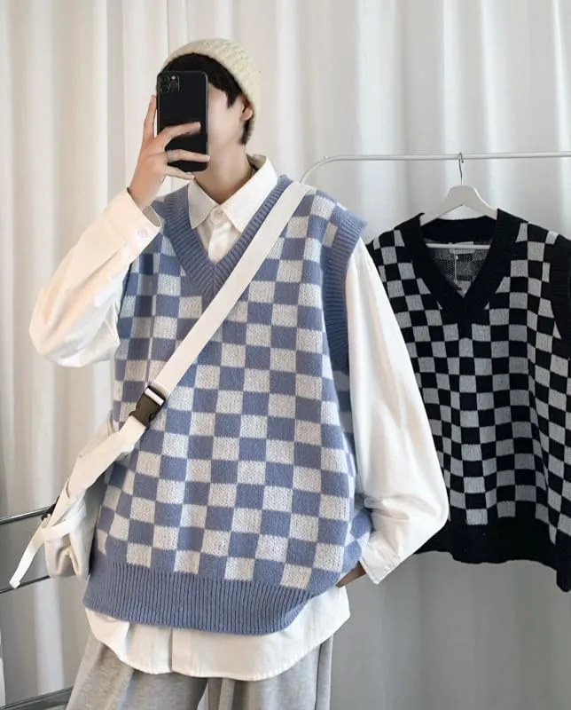 Plaid Graphic Grandpa Sweater Vest for Men Preppy Clothing Y2k Grunge Outfit Trendy Acubi V Neck Tops Gothic Knitwear
