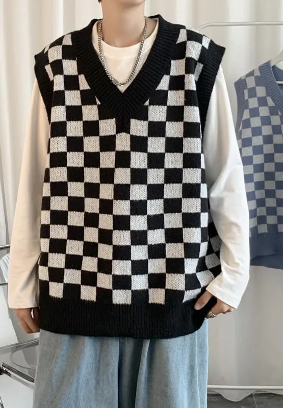 Plaid Graphic Grandpa Sweater Vest for Men Preppy Clothing Y2k Grunge Outfit Trendy Acubi V Neck Tops Gothic Knitwear