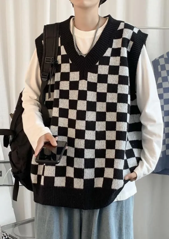 Plaid Graphic Grandpa Sweater Vest for Men Preppy Clothing Y2k Grunge Outfit Trendy Acubi V Neck Tops Gothic Knitwear