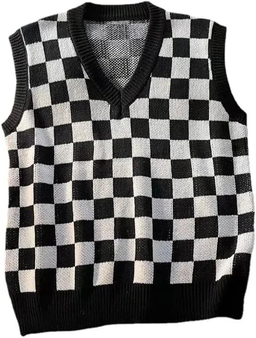 Plaid Graphic Grandpa Sweater Vest for Men Preppy Clothing Y2k Grunge Outfit Trendy Acubi V Neck Tops Gothic Knitwear