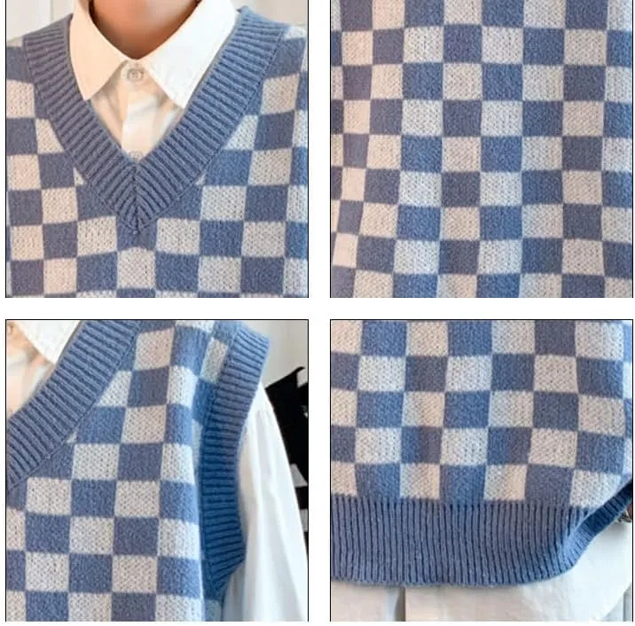 Plaid Graphic Grandpa Sweater Vest for Men Preppy Clothing Y2k Grunge Outfit Trendy Acubi V Neck Tops Gothic Knitwear