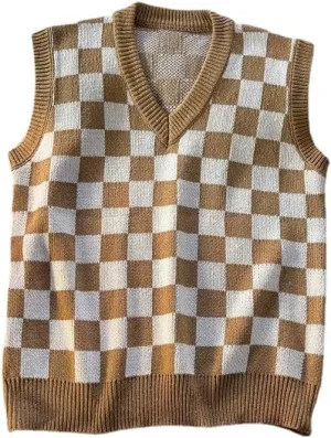 Plaid Graphic Grandpa Sweater Vest for Men Preppy Clothing Y2k Grunge Outfit Trendy Acubi V Neck Tops Gothic Knitwear