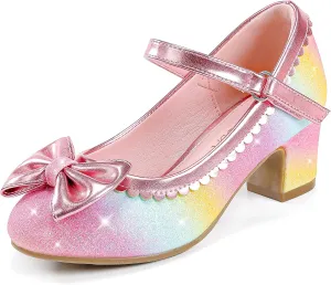 Princess Shoes High Heel Toddler Girls Dress Shoes Cute Bowknot Sparkle Mary Jane Flower Girls Wedding Birthday Party Prom for Little Big Kids