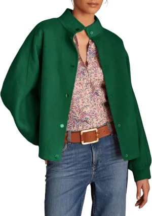 PUWEI Women's Cropped Pea Coat Stand Collar Single Breasted Wool Blend Overcoat Jackets