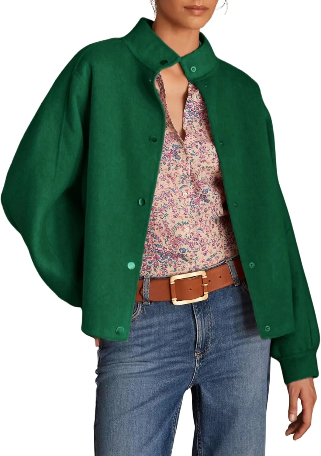 PUWEI Women's Cropped Pea Coat Stand Collar Single Breasted Wool Blend Overcoat Jackets