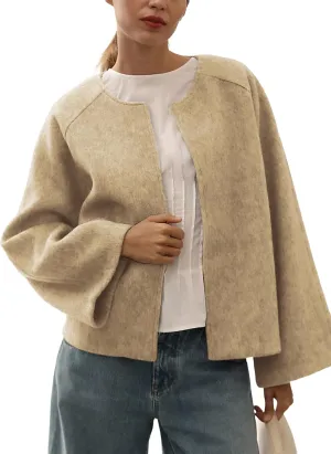 Qiaomai Womens Cropped Pea Coat Long Sleeve Open Front Winter Wool Blend Jackets Overcoat