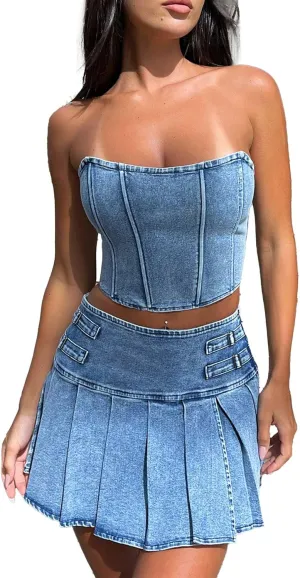 Raboolion Women's Denim 2 Piece Outfits Sleeveless Zipper Tube Tops and High Waist Split Skater Pleated Mini Skirt Jean Set