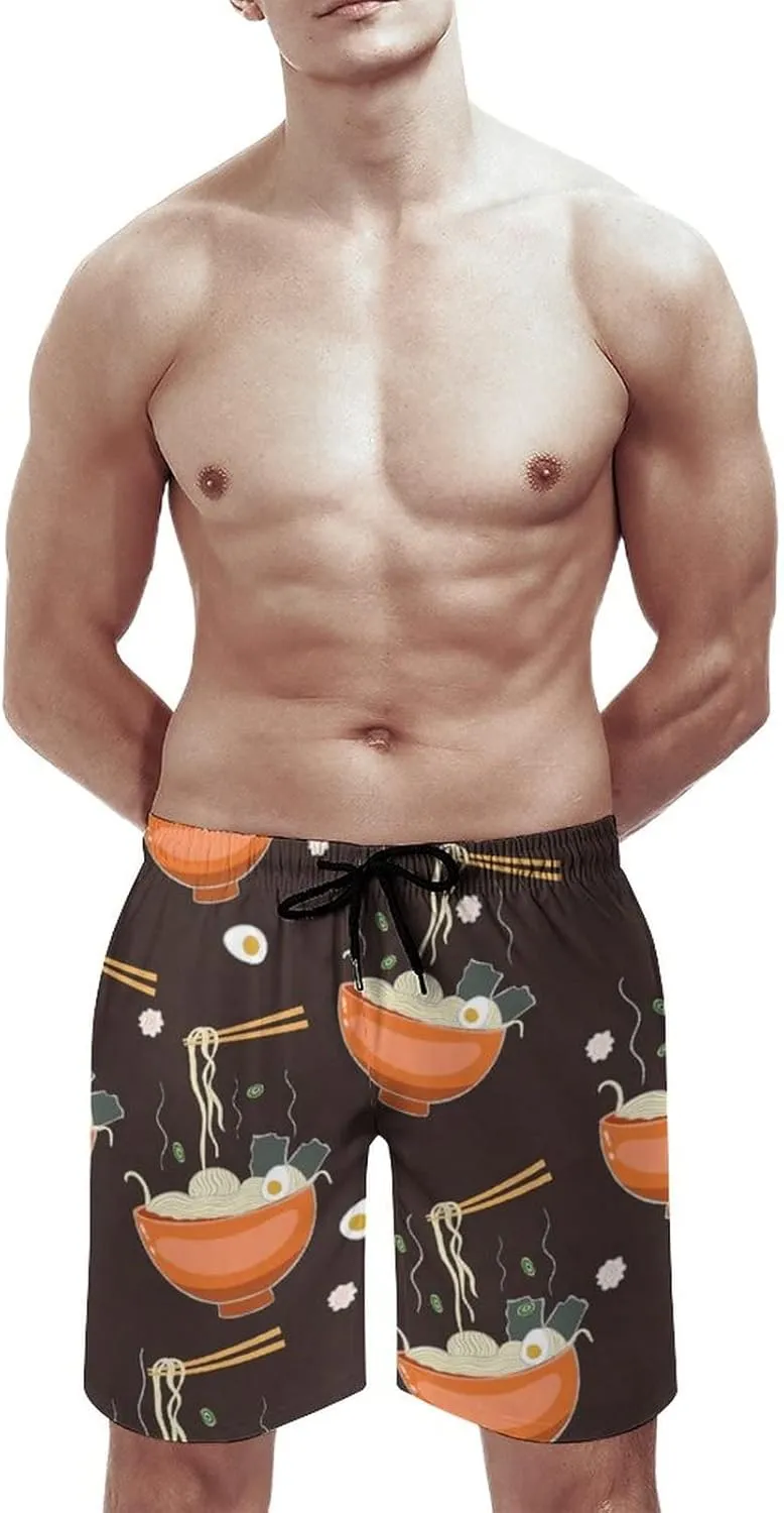 Ramen Noodle Soup Pattern Men's Beach Shorts Swim Trunks Quick Dry Casual Beach Pants