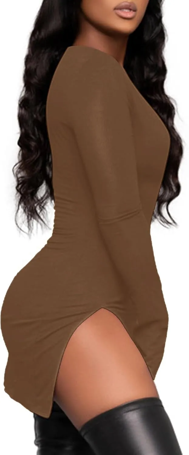 Rooscier Women's V Neck Long Sleeve Side Split Sexy Bodycon Cocktail Mini Dress