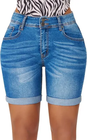 roswear Women's Mid Rise Skinny Butt Lifting Stretchy Bermuda Jeans Shorts