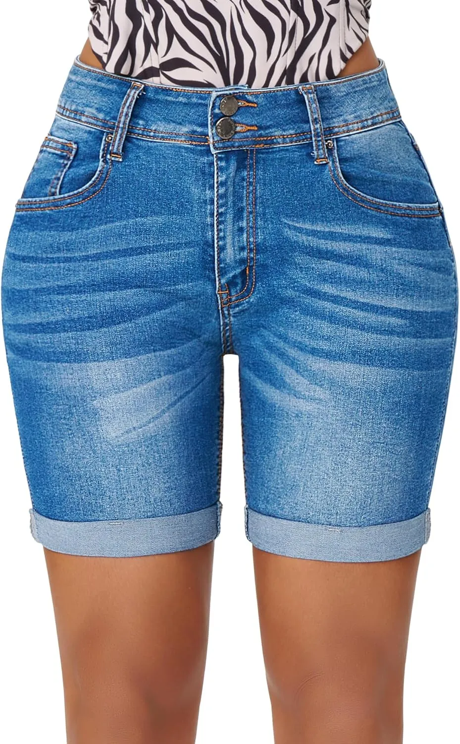 roswear Women's Mid Rise Skinny Butt Lifting Stretchy Bermuda Jeans Shorts
