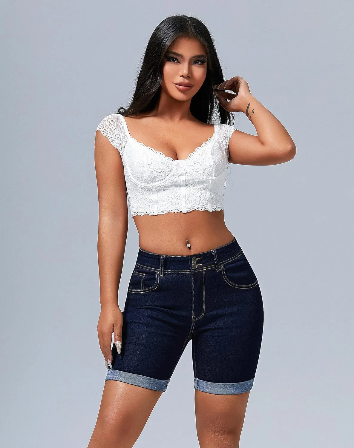 roswear Women's Mid Rise Skinny Butt Lifting Stretchy Bermuda Jeans Shorts