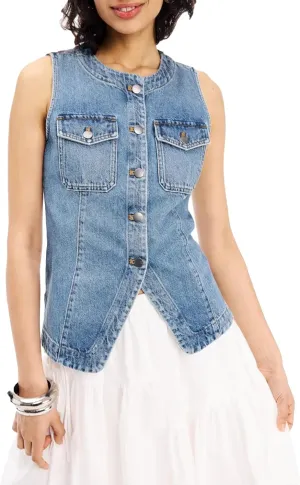 SCOFEEL Women's Button Down Denim Vest Sleeveless Tank Tops Crew Neck Slim Fit Jean Jacket Waistcoat with Pockets