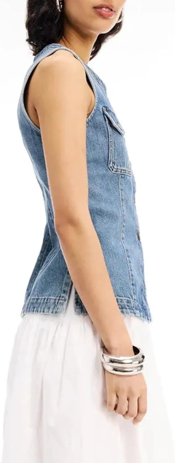 SCOFEEL Women's Button Down Denim Vest Sleeveless Tank Tops Crew Neck Slim Fit Jean Jacket Waistcoat with Pockets