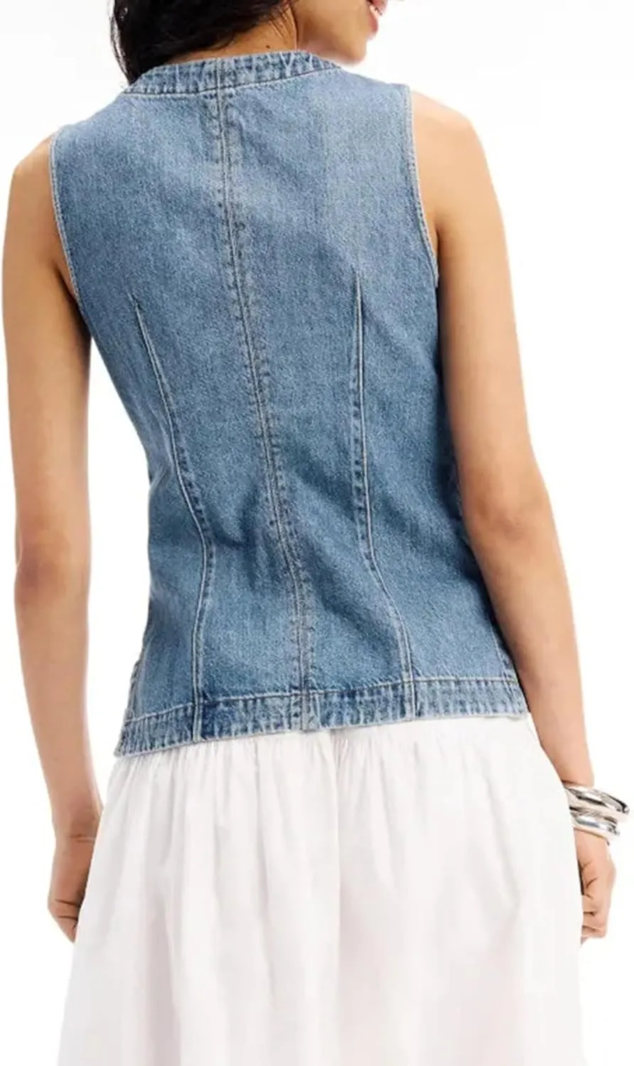 SCOFEEL Women's Button Down Denim Vest Sleeveless Tank Tops Crew Neck Slim Fit Jean Jacket Waistcoat with Pockets