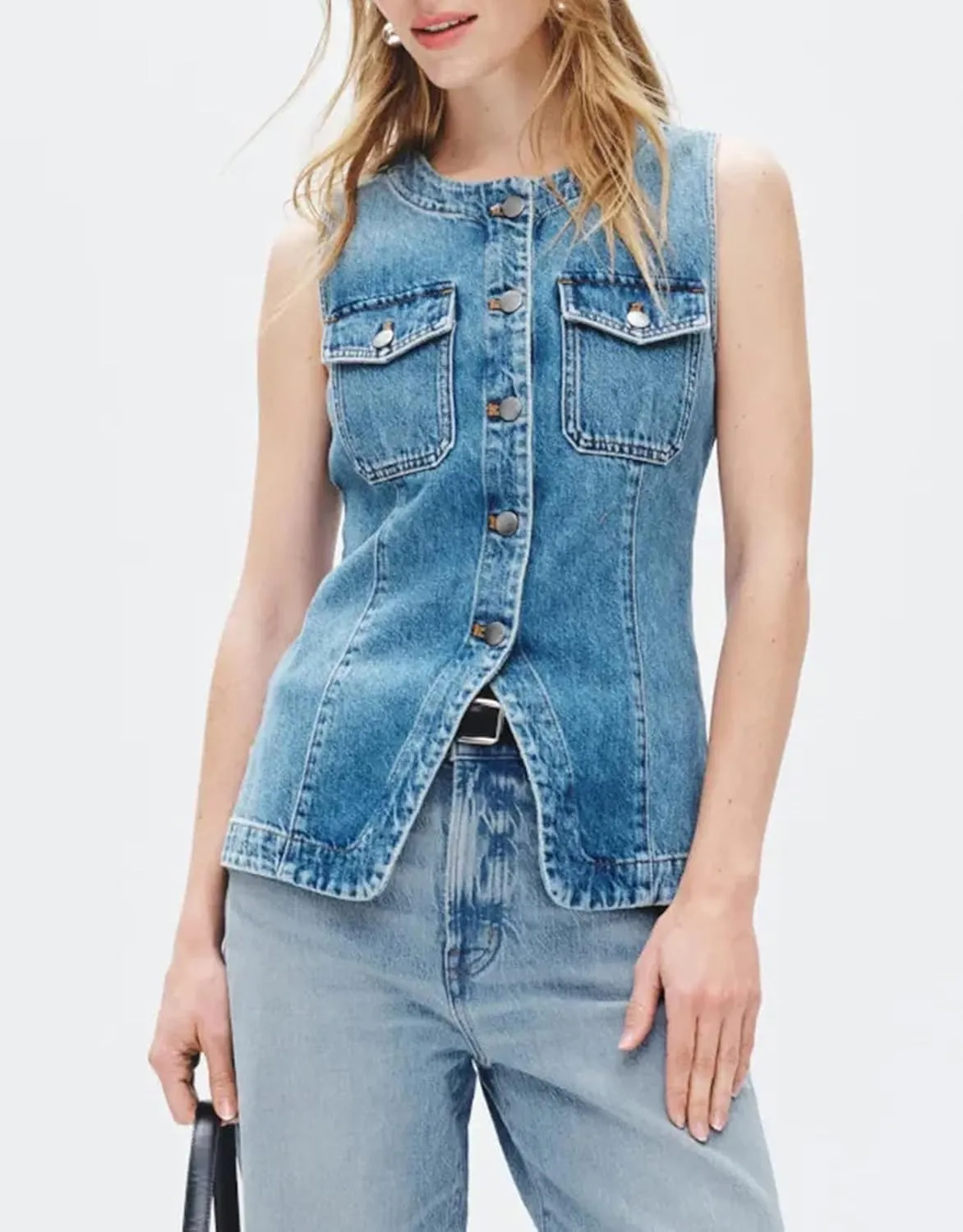 SCOFEEL Women's Button Down Denim Vest Sleeveless Tank Tops Crew Neck Slim Fit Jean Jacket Waistcoat with Pockets