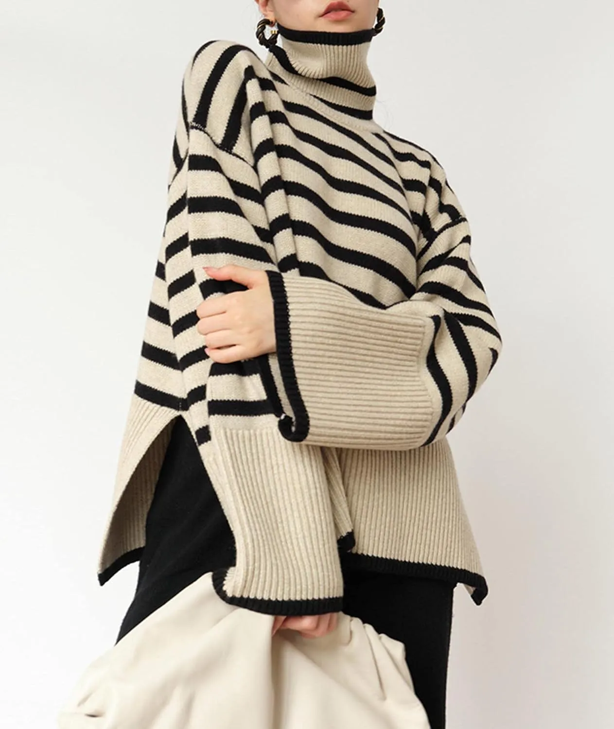 SEMATOMALA Women's Turtleneck Striped Oversized Sweater Color Block Side Split Slouchy Knitted Y2K Pullover Jumper Tops