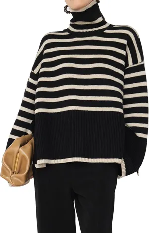 SEMATOMALA Women's Turtleneck Striped Oversized Sweater Color Block Side Split Slouchy Knitted Y2K Pullover Jumper Tops