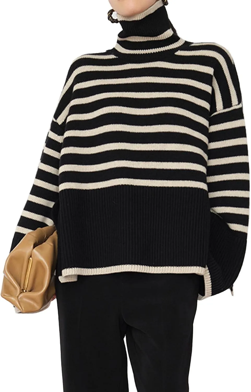 SEMATOMALA Women's Turtleneck Striped Oversized Sweater Color Block Side Split Slouchy Knitted Y2K Pullover Jumper Tops