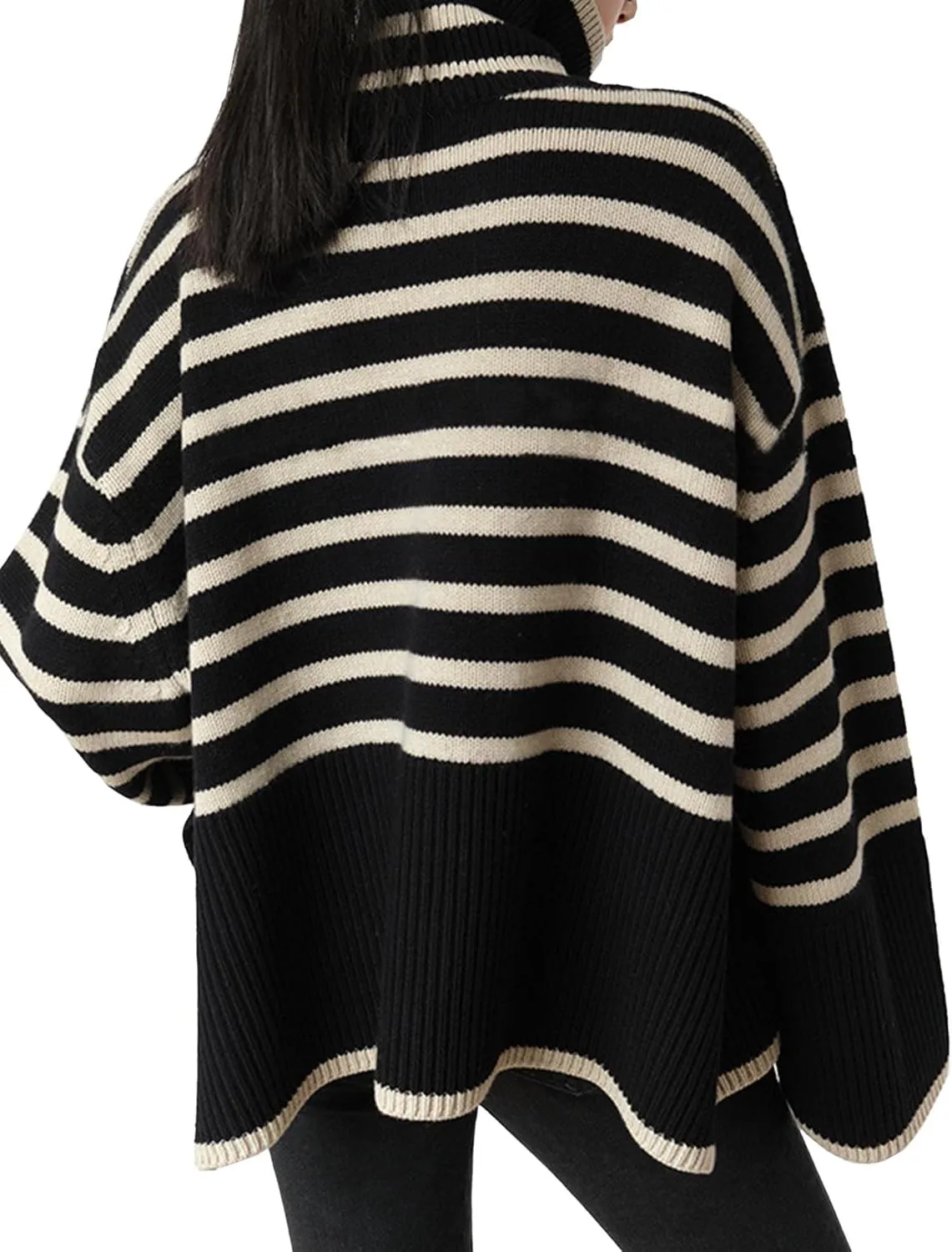 SEMATOMALA Women's Turtleneck Striped Oversized Sweater Color Block Side Split Slouchy Knitted Y2K Pullover Jumper Tops