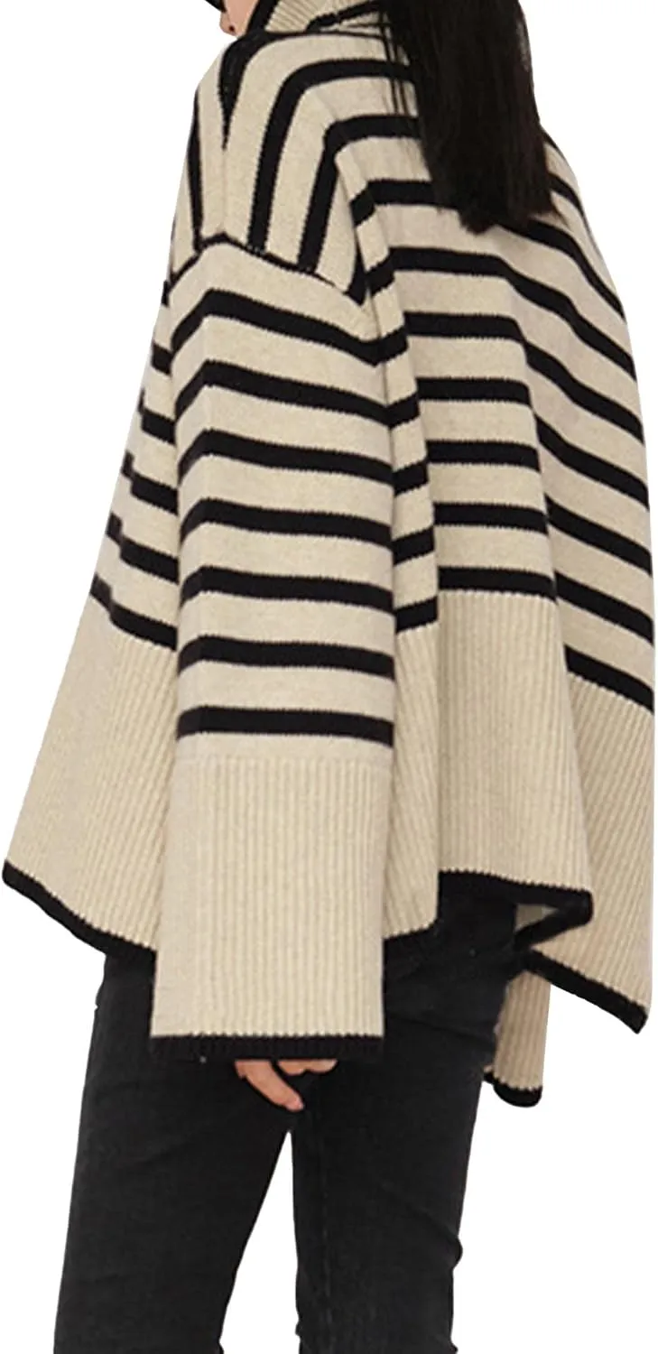 SEMATOMALA Women's Turtleneck Striped Oversized Sweater Color Block Side Split Slouchy Knitted Y2K Pullover Jumper Tops
