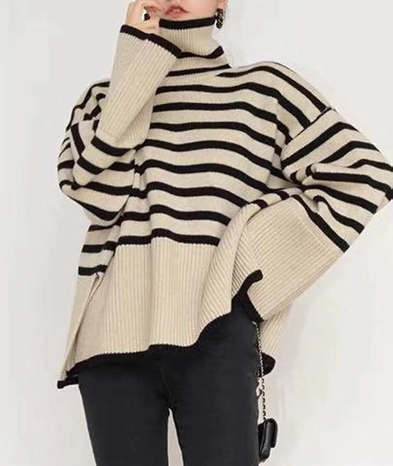 SEMATOMALA Women's Turtleneck Striped Oversized Sweater Color Block Side Split Slouchy Knitted Y2K Pullover Jumper Tops