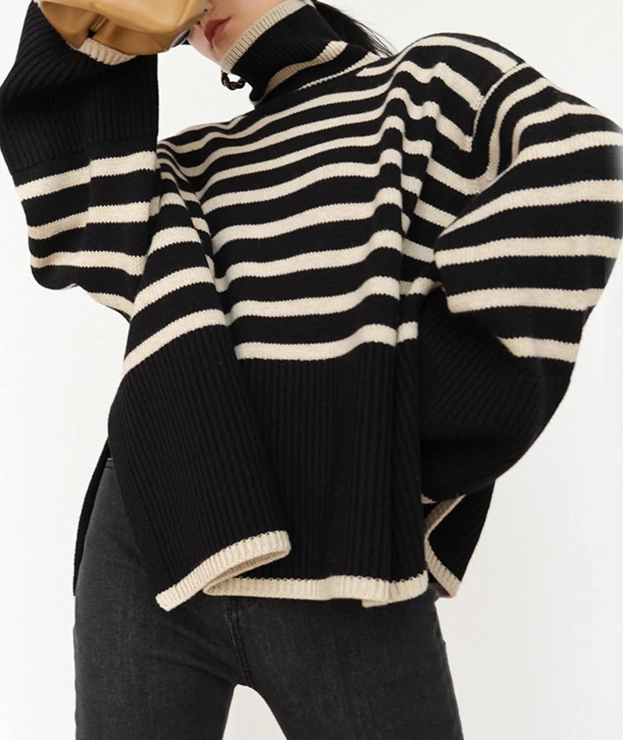 SEMATOMALA Women's Turtleneck Striped Oversized Sweater Color Block Side Split Slouchy Knitted Y2K Pullover Jumper Tops