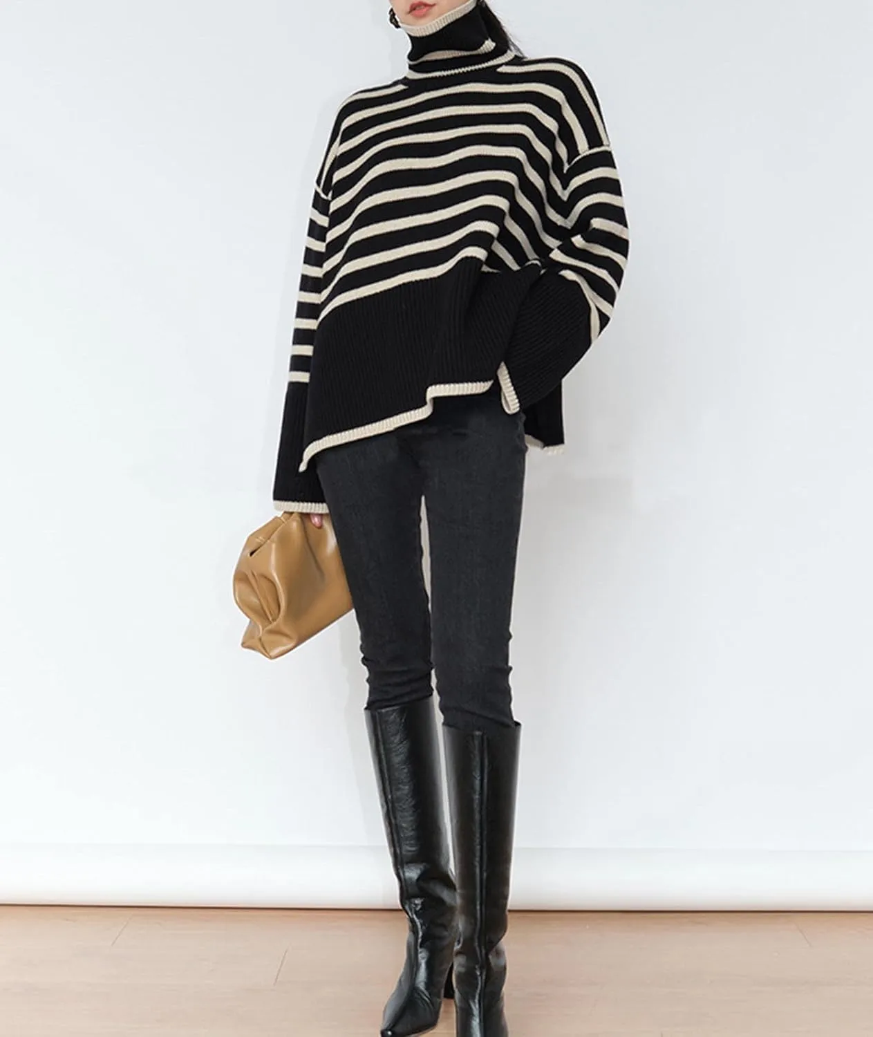SEMATOMALA Women's Turtleneck Striped Oversized Sweater Color Block Side Split Slouchy Knitted Y2K Pullover Jumper Tops