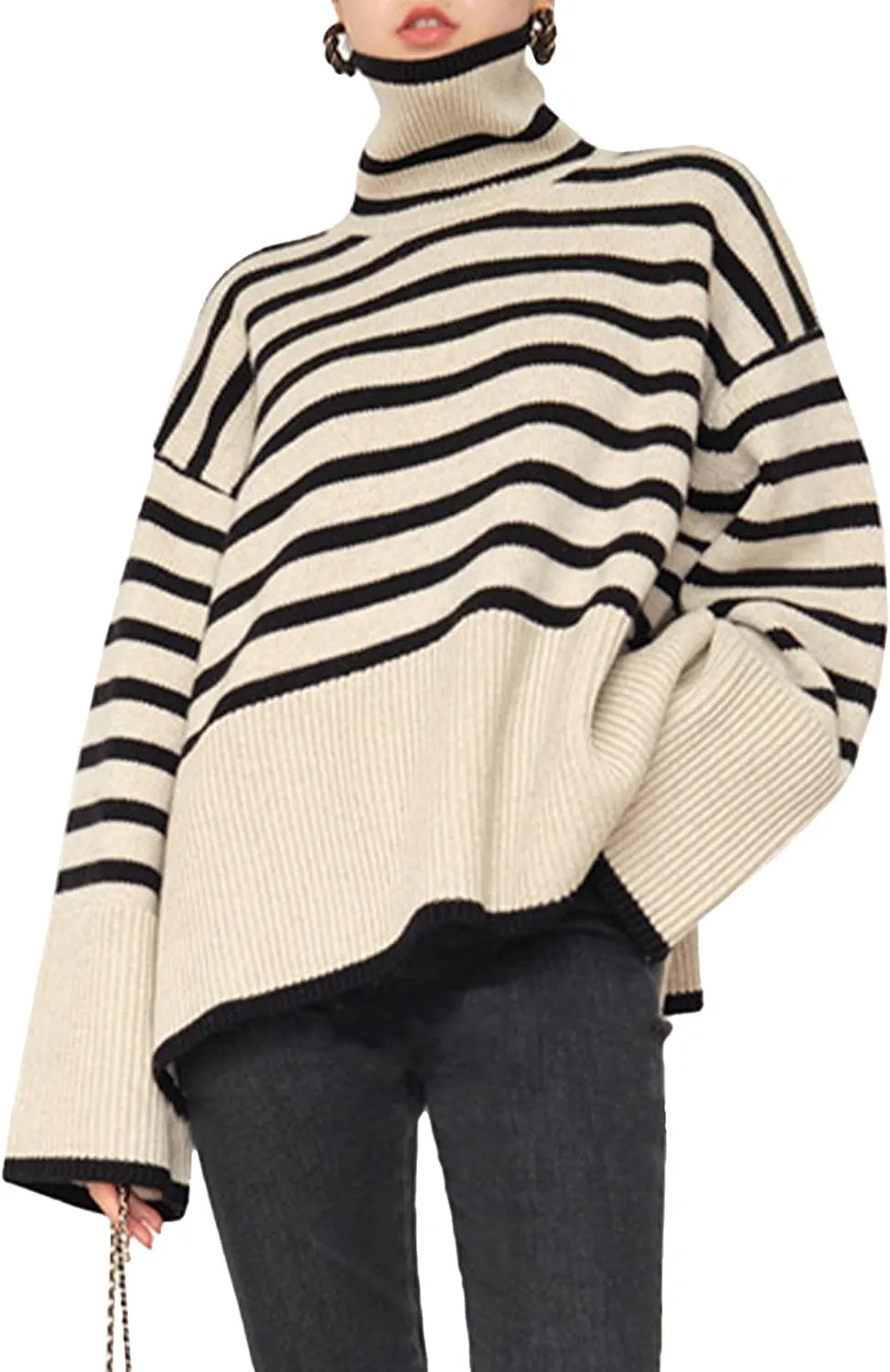 SEMATOMALA Women's Turtleneck Striped Oversized Sweater Color Block Side Split Slouchy Knitted Y2K Pullover Jumper Tops