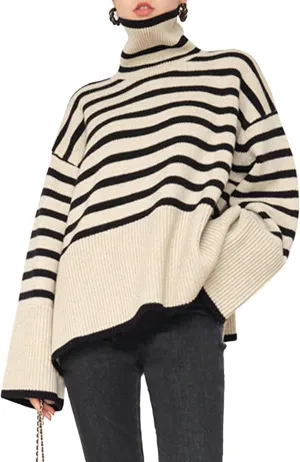 SEMATOMALA Women's Turtleneck Striped Oversized Sweater Color Block Side Split Slouchy Knitted Y2K Pullover Jumper Tops